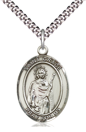 Sterling Silver Saint Grace Pendant on a 24 inch Light Rhodium Heavy Curb chain