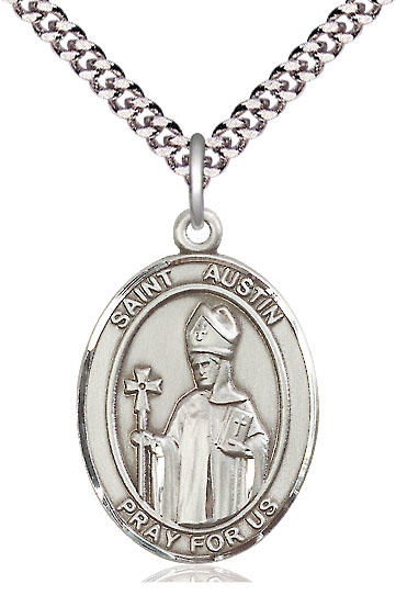 Sterling Silver Saint Austin Pendant on a 24 inch Light Rhodium Heavy Curb chain