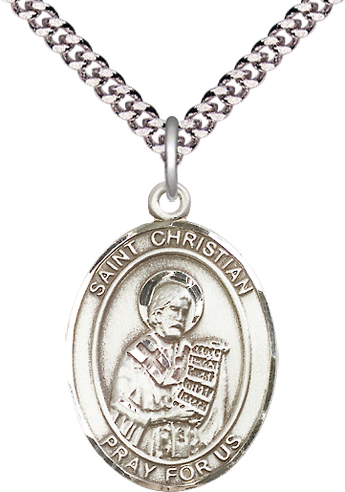 Sterling Silver Saint Christian Demosthenes Pendant on a 24 inch Light Rhodium Heavy Curb chain