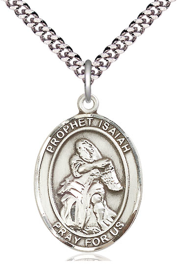 Sterling Silver Saint Isaiah Pendant on a 24 inch Light Rhodium Heavy Curb chain