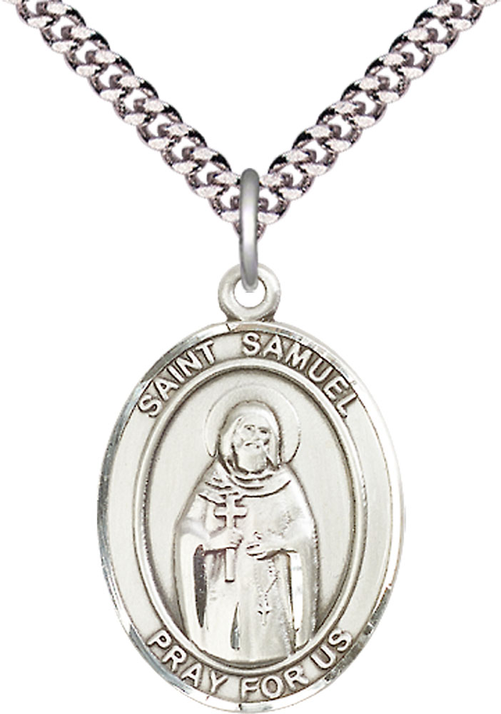 Sterling Silver Saint Samuel Pendant on a 24 inch Light Rhodium Heavy Curb chain