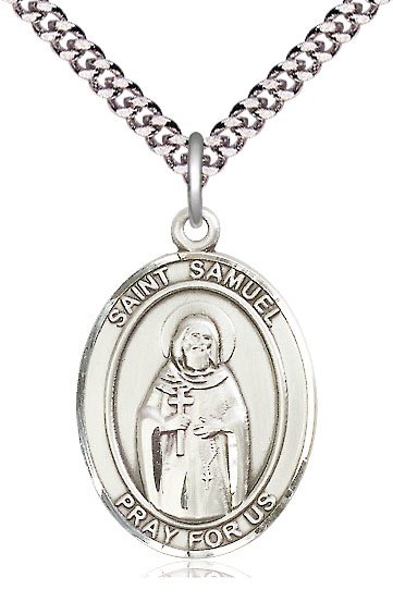 Sterling Silver Saint Samuel Pendant on a 24 inch Light Rhodium Heavy Curb chain