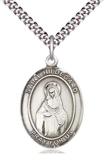 Sterling Silver Saint Hildegard von Bingen Pendant on a 24 inch Light Rhodium Heavy Curb chain