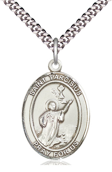 Sterling Silver Saint Tarcisius Pendant on a 24 inch Light Rhodium Heavy Curb chain