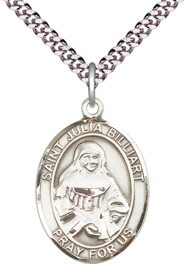 Sterling Silver Saint Julia Billiart Pendant on a 24 inch Light Rhodium Heavy Curb chain