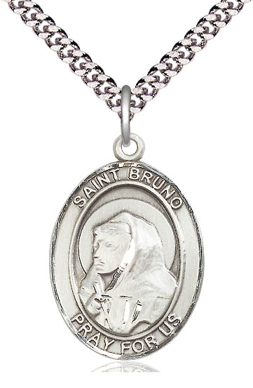 Sterling Silver Saint Bruno Pendant on a 24 inch Light Rhodium Heavy Curb chain