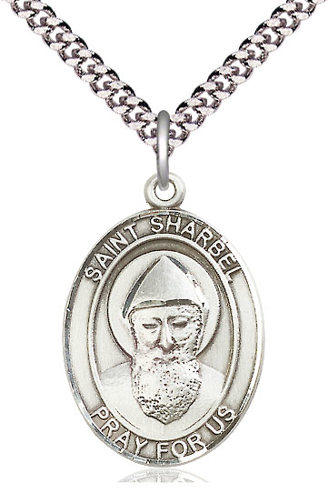 Sterling Silver Saint Sharbel Pendant on a 24 inch Light Rhodium Heavy Curb chain