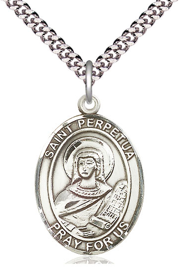 Sterling Silver Saint Perpetua Pendant on a 24 inch Light Rhodium Heavy Curb chain