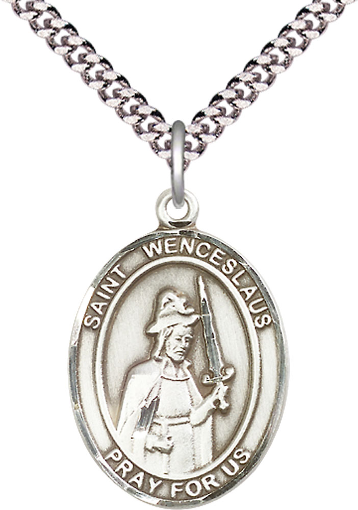 Sterling Silver Saint Wenceslaus Pendant on a 24 inch Light Rhodium Heavy Curb chain