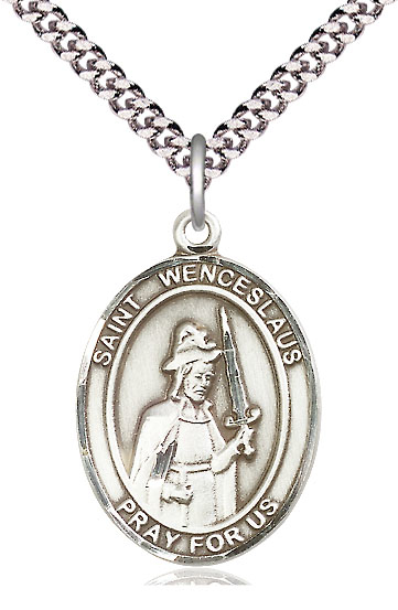 Sterling Silver Saint Wenceslaus Pendant on a 24 inch Light Rhodium Heavy Curb chain
