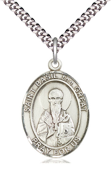 Sterling Silver Saint Basil the Great Pendant on a 24 inch Light Rhodium Heavy Curb chain