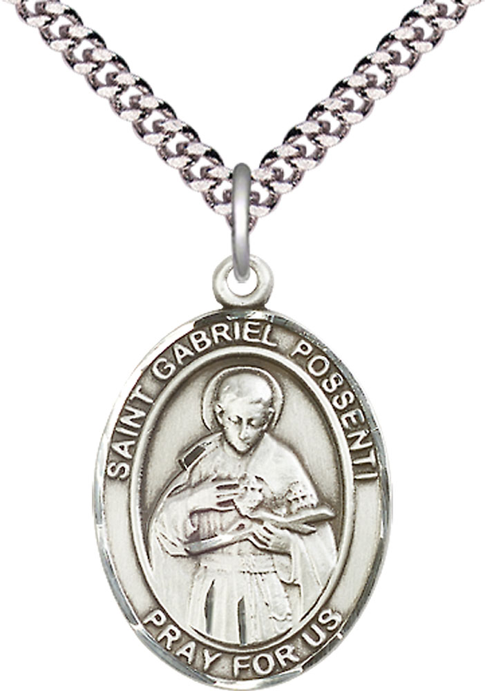 Sterling Silver Saint Gabriel Possenti Pendant on a 24 inch Light Rhodium Heavy Curb chain