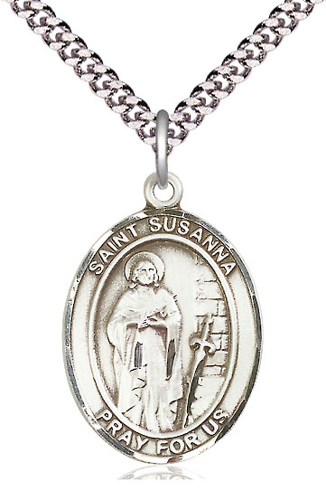 Sterling Silver Saint Susanna Pendant on a 24 inch Light Rhodium Heavy Curb chain