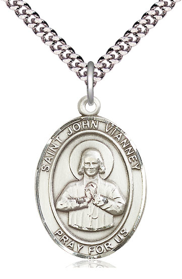 Sterling Silver Saint John Vianney Pendant on a 24 inch Light Rhodium Heavy Curb chain