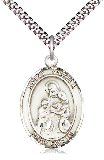 Sterling Silver Saint Angela Merici Pendant on a 24 inch Light Rhodium Heavy Curb chain