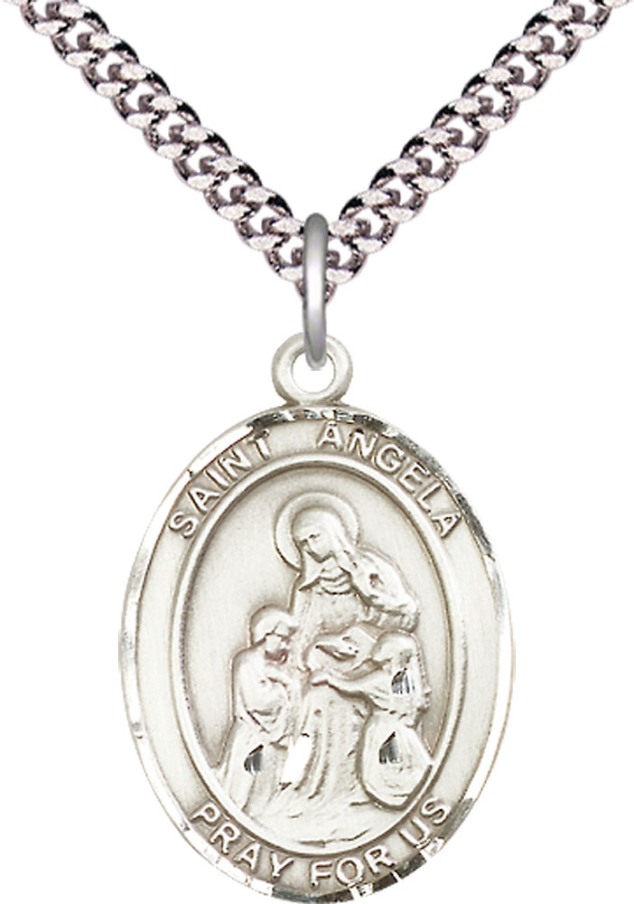Sterling Silver Saint Angela Merici Pendant on a 24 inch Light Rhodium Heavy Curb chain