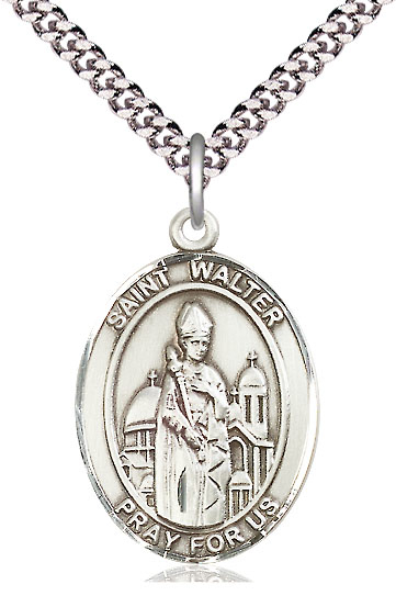Sterling Silver Saint Walter of Pontnoise Pendant on a 24 inch Light Rhodium Heavy Curb chain