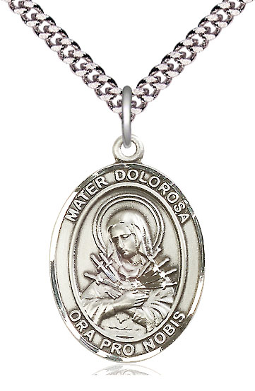 Sterling Silver Mater Dolorosa Pendant on a 24 inch Light Rhodium Heavy Curb chain