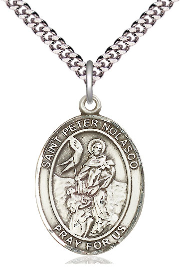 Sterling Silver Saint Peter Nolasco Pendant on a 24 inch Light Rhodium Heavy Curb chain