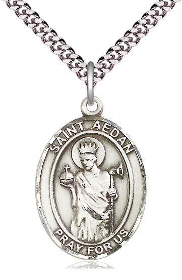 Sterling Silver Saint Aedan of Ferns Pendant on a 24 inch Light Rhodium Heavy Curb chain