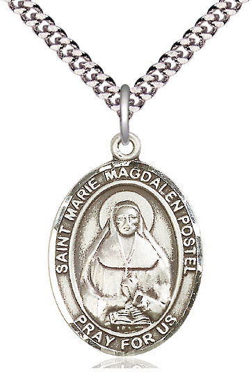 Sterling Silver Marie Magdalen Postel Pendant on a 24 inch Light Rhodium Heavy Curb chain