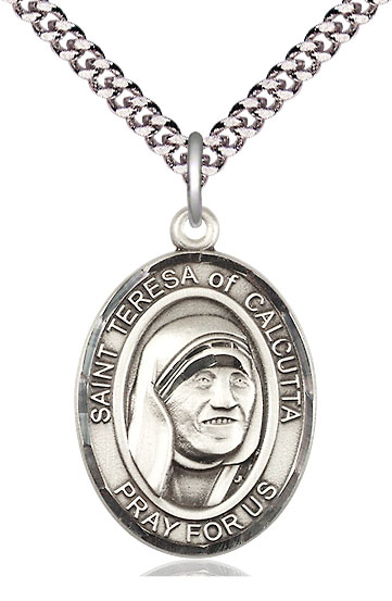 Sterling Silver Saint Teresa of Calcutta Pendant on a 24 inch Light Rhodium Heavy Curb chain