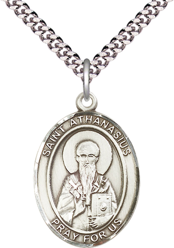 Sterling Silver Saint Athanasius Pendant on a 24 inch Light Rhodium Heavy Curb chain