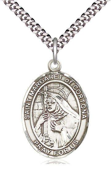 Sterling Silver Saint Margaret of Cortona Pendant on a 24 inch Light Rhodium Heavy Curb chain