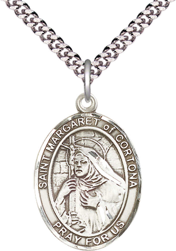 Sterling Silver Saint Margaret of Cortona Pendant on a 24 inch Light Rhodium Heavy Curb chain