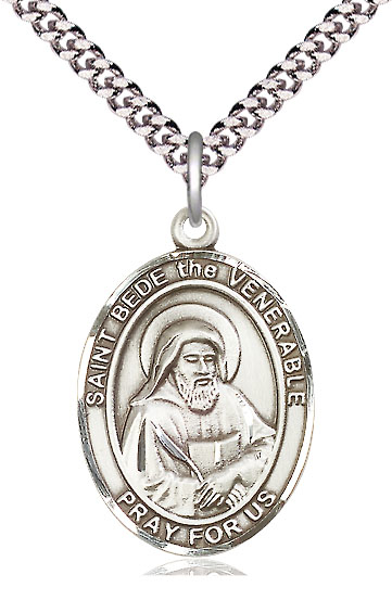 Sterling Silver Saint Bede the Venerable Pendant on a 24 inch Light Rhodium Heavy Curb chain