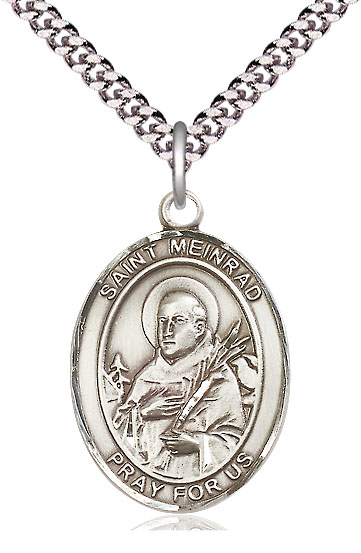 Sterling Silver Saint Meinrad of Einsideln Pendant on a 24 inch Light Rhodium Heavy Curb chain