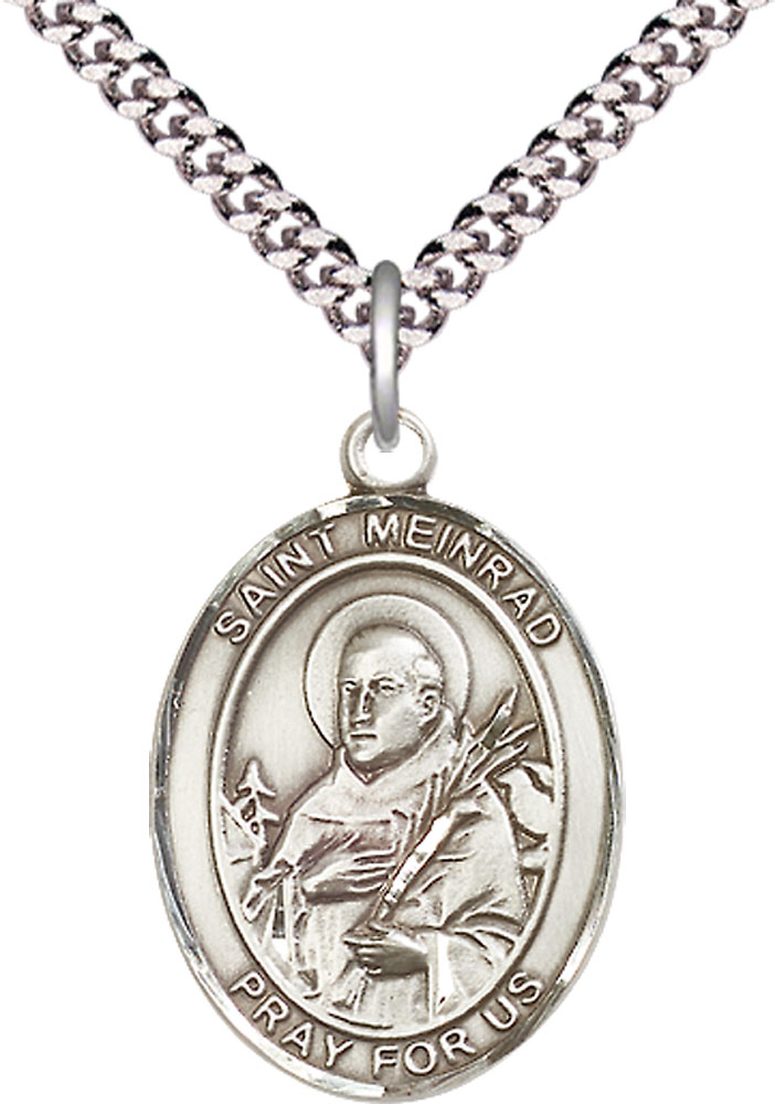 Sterling Silver Saint Meinrad of Einsideln Pendant on a 24 inch Light Rhodium Heavy Curb chain
