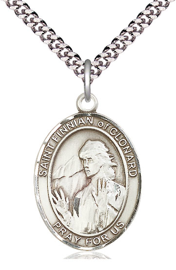 Sterling Silver Saint Finnian of Clonard Pendant on a 24 inch Light Rhodium Heavy Curb chain