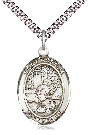 Sterling Silver Saint Rosalia Pendant on a 24 inch Light Rhodium Heavy Curb chain