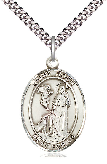 Sterling Silver Saint Roch Pendant on a 24 inch Light Rhodium Heavy Curb chain