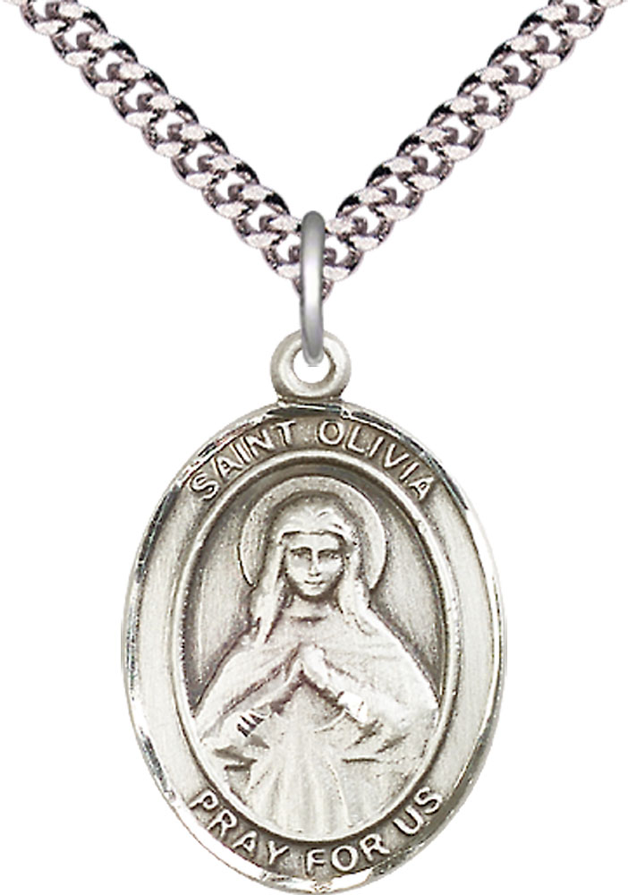 Sterling Silver Saint Olivia Pendant on a 24 inch Light Rhodium Heavy Curb chain