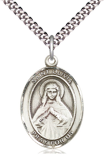 Sterling Silver Saint Olivia Pendant on a 24 inch Light Rhodium Heavy Curb chain