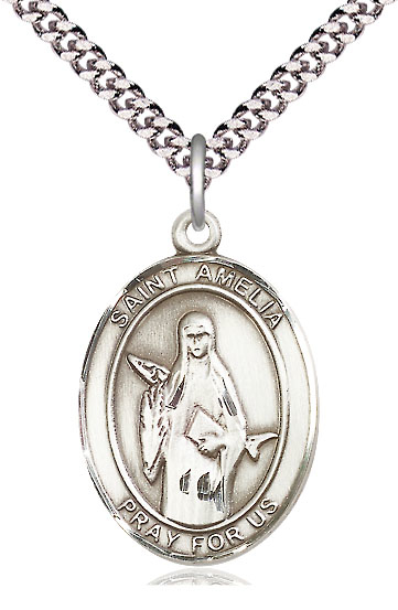 Sterling Silver Saint Amelia Pendant on a 24 inch Light Rhodium Heavy Curb chain