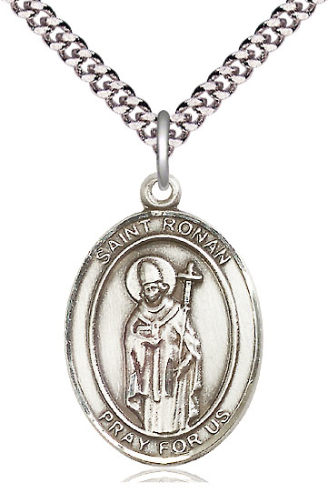 Sterling Silver Saint Ronan Pendant on a 24 inch Light Rhodium Heavy Curb chain