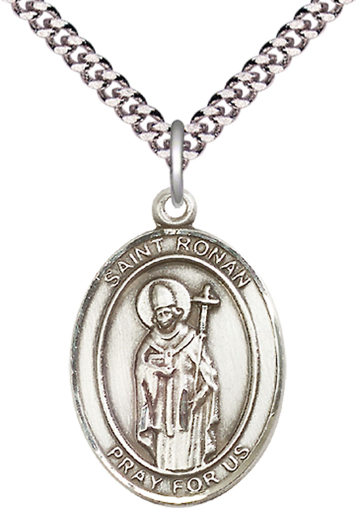 Sterling Silver Saint Ronan Pendant on a 24 inch Light Rhodium Heavy Curb chain
