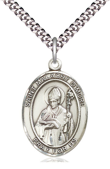 Sterling Silver Saint Malachy O'More Pendant on a 24 inch Light Rhodium Heavy Curb chain