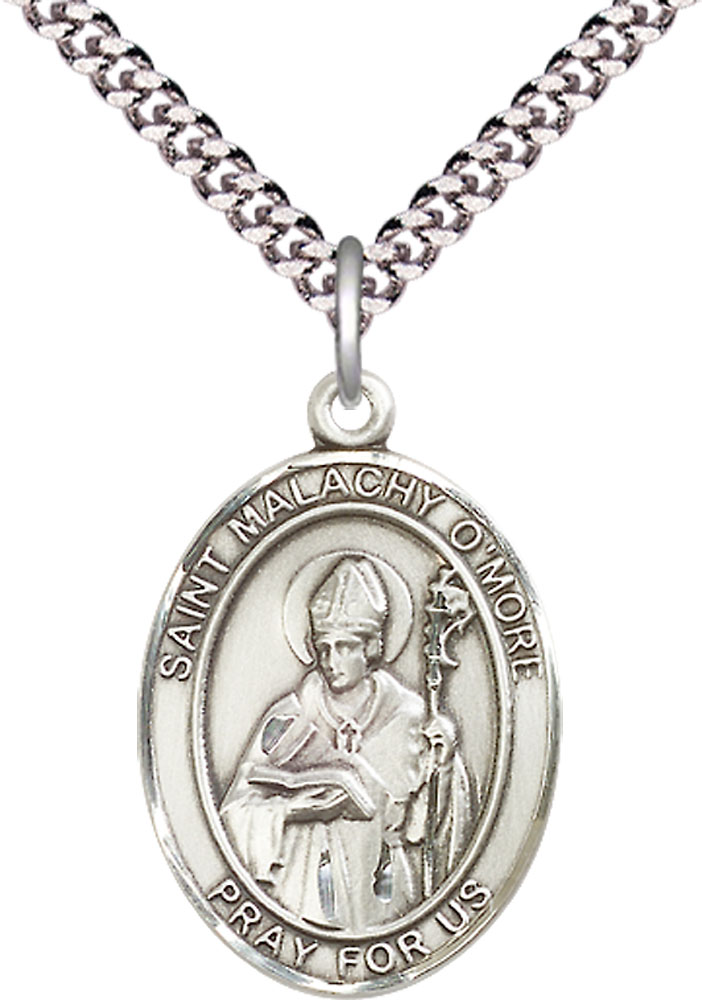 Sterling Silver Saint Malachy O'More Pendant on a 24 inch Light Rhodium Heavy Curb chain
