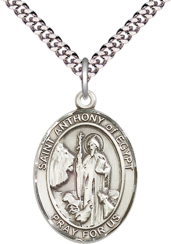 Sterling Silver Saint Anthony of Egypt Pendant on a 24 inch Light Rhodium Heavy Curb chain