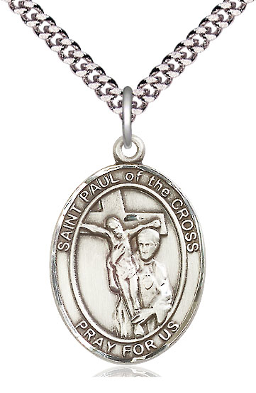 Sterling Silver Saint Paul of the Cross Pendant on a 24 inch Light Rhodium Heavy Curb chain