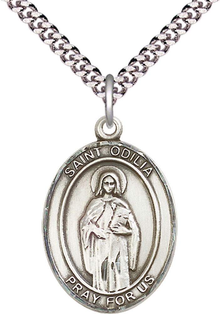 Sterling Silver Saint Odilia Pendant on a 24 inch Light Rhodium Heavy Curb chain