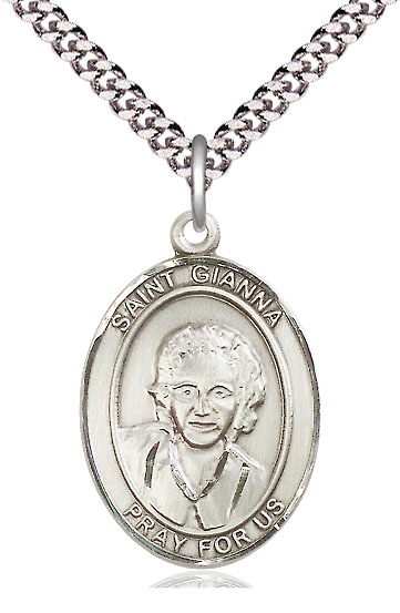 Sterling Silver Saint Gianna Pendant on a 24 inch Light Rhodium Heavy Curb chain