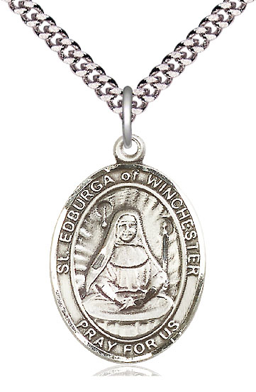 Sterling Silver Saint Edburga of Winchester Pendant on a 24 inch Light Rhodium Heavy Curb chain