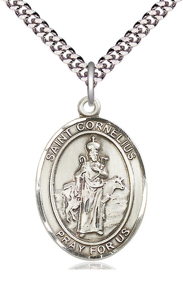 Sterling Silver Saint Cornelius Pendant on a 24 inch Light Rhodium Heavy Curb chain