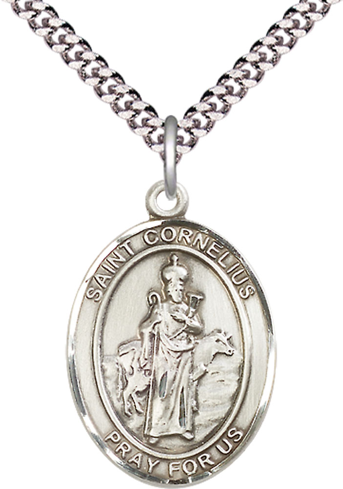 Sterling Silver Saint Cornelius Pendant on a 24 inch Light Rhodium Heavy Curb chain