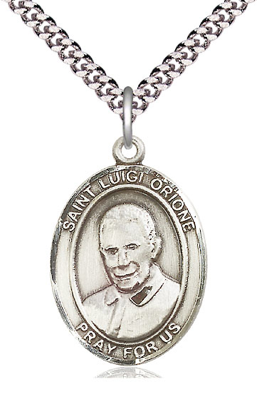 Sterling Silver Saint Luigi Orione Pendant on a 24 inch Light Rhodium Heavy Curb chain